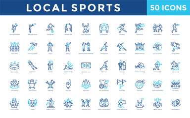 Local sports icon set with serving volleyball, basketball shoot, kicking ball, blocking ball, goal celebration, catching ball, throwing, sprint finish icon. Simple outline color vector 
