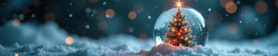 A beautifully decorated shiny Christmas tree stands tall inside a clear glass snow globe filled with tiny snowflakes and glittering icicles , Clear Glass Snow Globe, Icicles