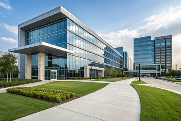 New modern corporate office building exterior. Exterior of modern corporate office building in office park.