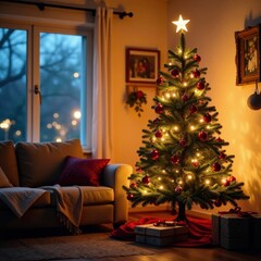 A festive holiday tree decorated with ornaments and lights in a cozy living room, holiday, decorations, warm