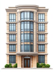 Obraz premium Elegant facade of a modern residential building with symmetrical windows and lush green shrubbery at the entrance