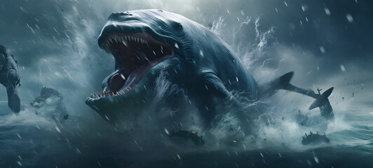 epic whale battle in sea, ai generative