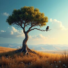 A lone bird perched on a branch of a solitary tree in a vast empty landscape, emptiness, solitude