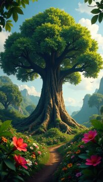 A giant fig tree stands tall amidst the dense undergrowth with exotic flowers blooming at its base , flowers, jungles, nature