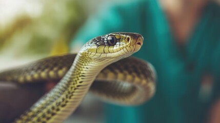 Obraz premium Close-Up of a Green Snake with Intricate Scales and Expressive Eyes Captured in a Naturalistic Setting Highlighting the Beauty of Serpents