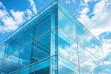 Obraz premium Modern architecture reflecting the sky and clouds creating a serene and contemporary visual with glass facade and geometric design