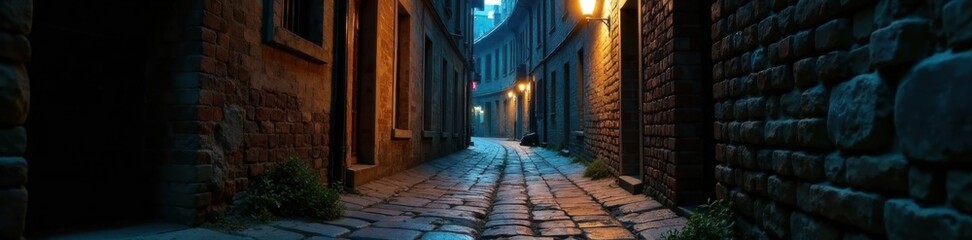 Fototapeta premium Moody dark alleyway with old bricks and crumbling mortar, peeling, gritty