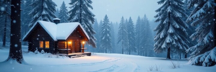 Naklejka premium A serene winter scene features snowflakes gently falling on a peaceful cabin, surrounded by towering pine trees and the quiet woods, snow covered trees, snowfall