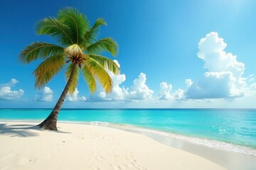 A single palm tree stands alone on the deserted sandy shore, with turquoise waters and a sky full of clouds, ocean, cloud, solitude