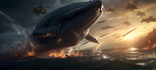 epic whale battle in sea, ai generative