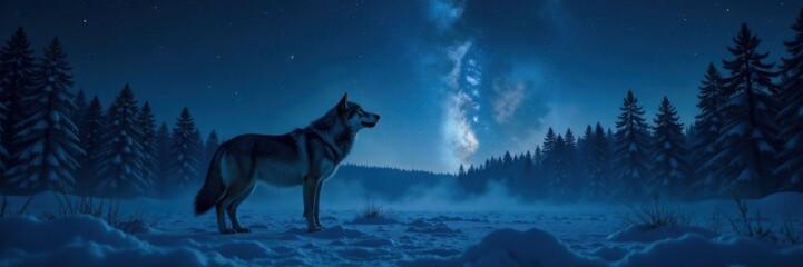 Naklejka premium A solitary wolf in a desolate forest stands frozen under the starry night sky as it lets out a haunting howl, Wilderness, Solitude