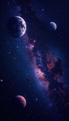 A stunning astronomical scene of stars, planets, and galaxies against a deep black background, space, planets