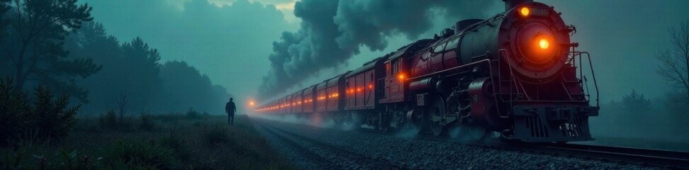 Fototapeta premium Aboard a darkened train with a lone figure in the foreground, abandoned trains, empty stations
