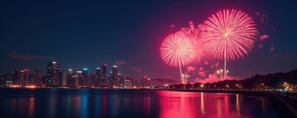 Fototapeta premium New Year's Eve fireworks exploding in the sky over a cityscape , new year, festive