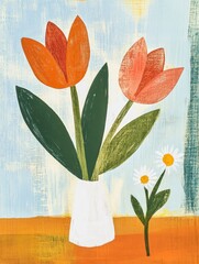 Stylized Orange And Pink Tulips With Daisy In White Vase
