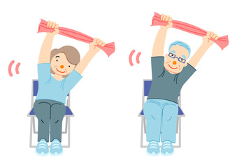 椅子に座ってタオルで簡単体操をするシニア夫婦イラスト