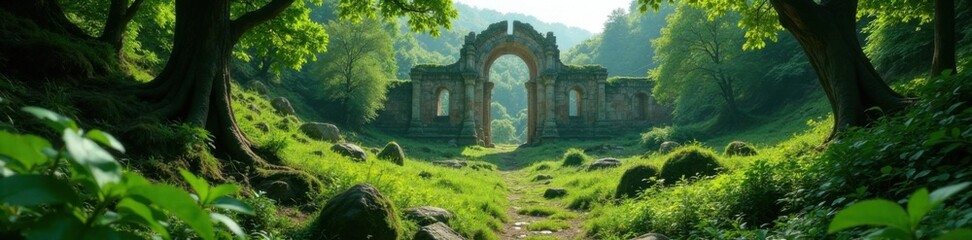 Ancient ruins and crumbling stones in the middle of a lush green forest, decayed structures, natural habitat