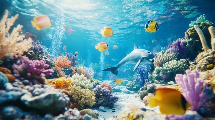 Naklejka premium A beautiful dolphin swims gracefully in the vibrant coral reef waters