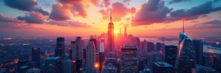 Fototapeta premium Architectural Blueprint Overlaid on a Photo of a City Skyline at Sunset, cityscape, sunset