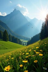 Fototapeta premium B?hmische Alpenlandschaft am Morgen mit sonnigen Strahlen und sanften Schatten , Licht, Himmel