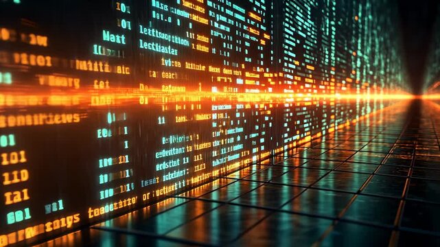 Abstract Digital Data Stream with Orange and Teal Binary Code Lines Over a Grid Pattern