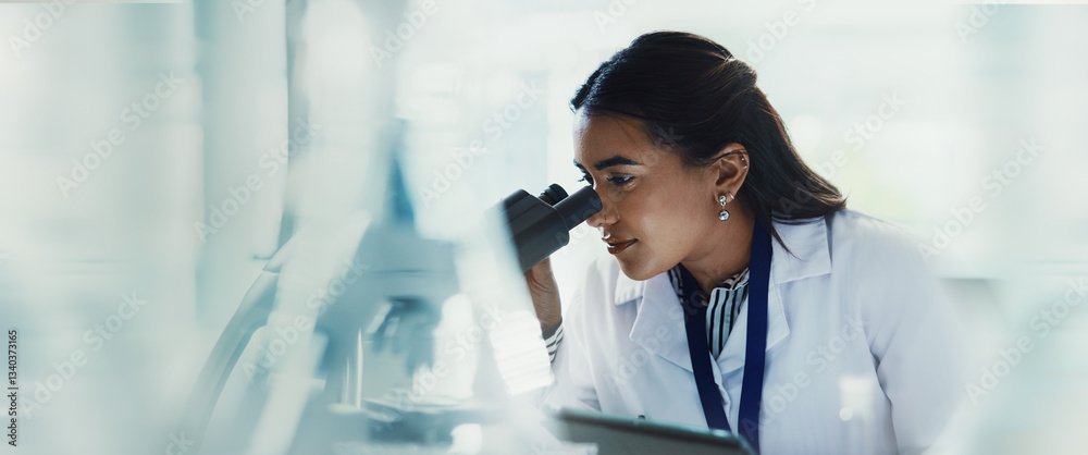 Poster scientist, woman and tablet with microscope for forensic, testing and medical research. pathology, l