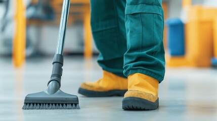A close-up of a worker using a vacuum cleaner on a clean floor, showcasing protective gear and a commitment to hygiene.