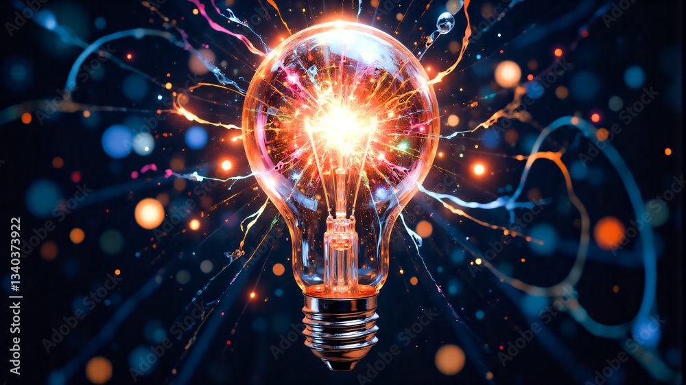 Aufkleber bright lightbulb bursts with vibrant sparks and rays, illuminating a dark background with bokeh ligh