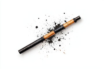 Naklejka premium Artistic ink pen with black and wood design, surrounded by black ink splatter on a white background for creative projects.