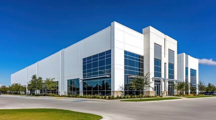 Modern White Commercial Building Under a Clear Blue Sky