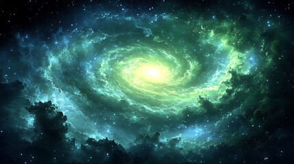 Green spiral galaxy with bright center and stars.