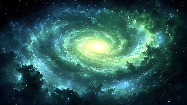 Green spiral galaxy with bright center and stars.