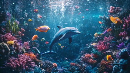 Fototapeta premium A beautiful dolphin swims gracefully amidst colorful coral and fishes