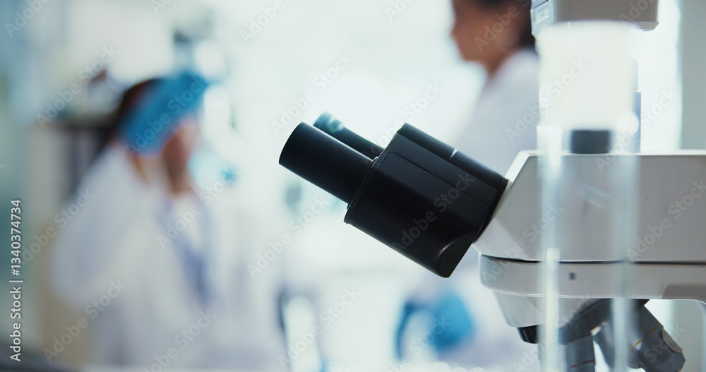 Poster healthcare, microscope and science with equipment in laboratory for forensic study of dna sample. de