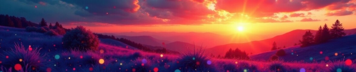 Fototapeta premium Bright geometric patterns of colorful dots covering a serene landscape at sunset, vibrant colors, sunset effect