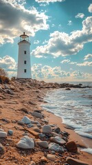 Serene coastal scene featuring a white lighthouse standing tall against a backdrop of fluffy clouds and turquoise sky, capturing tranquil beach mood