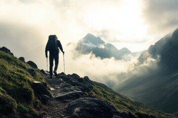 Determined Hiker Mid-Step Climbing Rugged Mountain Trail with Majestic Peaks