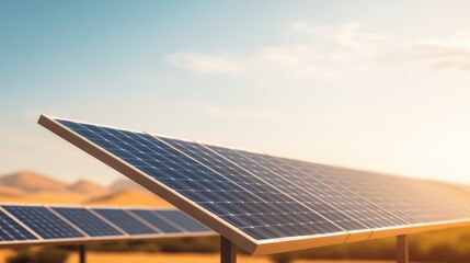 Vast desert landscape with solar panels capturing renewable energy under warm golden sunlight.