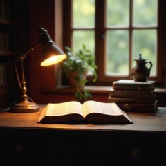 Brown wooden table with old book and lamp on it in a cozy study atmosphere, wooden furniture, lamp, old book