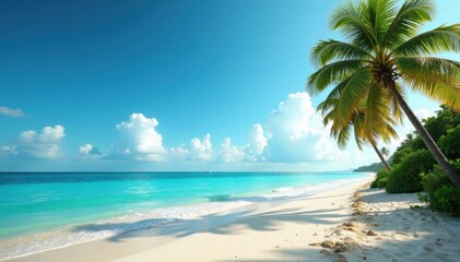 Palm trees sway in ocean breeze with sandy shore, seaside escape, serene landscape