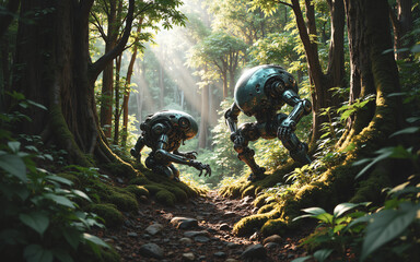 Futuristic robots in a lush green forest, sunlight filters through trees. One robot crouches, another stands on path.