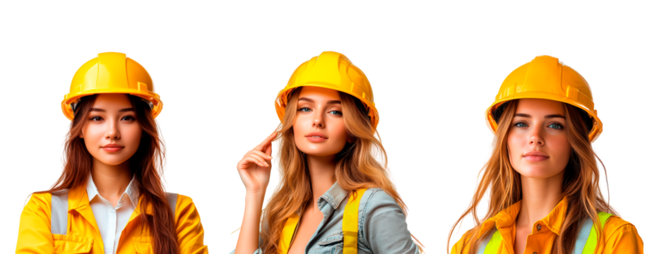 Set of woman wearing a safety helmet and work attire poses isolated on transparent background