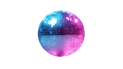 Rotating disco ball with pink and blue lights on transparent background