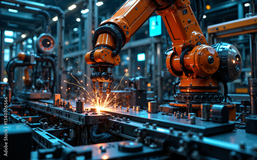 Poster robotic arm expertly welds metal in a factory setting. sparks illuminate the automated industrial ma