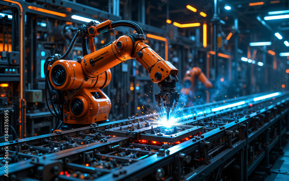Aufkleber Automated robotic arm welds metal on a conveyor belt in a brightly illuminated industrial factory setting, showcasing modern manufacturing and technology.