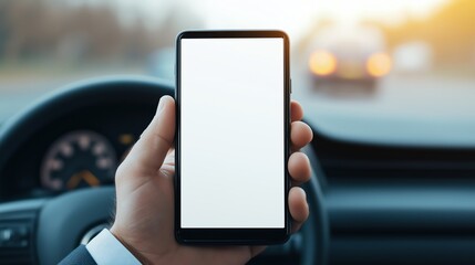 A driver holds a smartphone with a blank screen while seated in a car, showcasing modern mobile technology use on the road.
