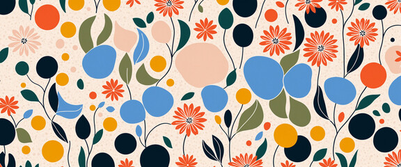 vibrant floral pattern with colorful abstract leaves and flowers in playful design, artistic nature illustration