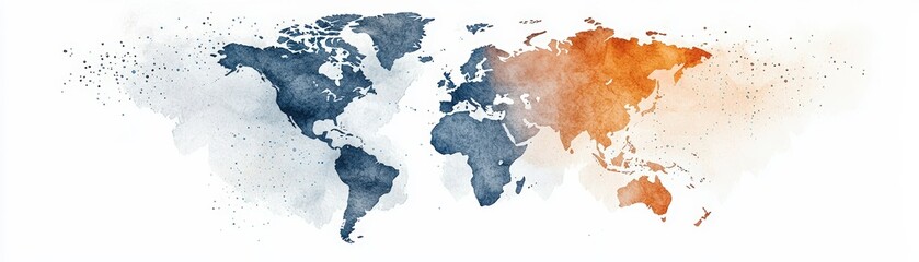 Obraz premium Artistic watercolor world map illustration, highlighting global geography in soft blue and orange tones. Ideal for education and travel.
