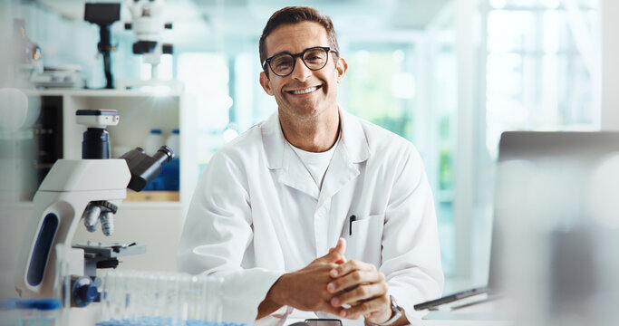Confident, happy man or portrait of scientist in laboratory for chemical experiment with medical technology. Smile, research or medicinal chemist with pharmaceutical project or healthcare innovation