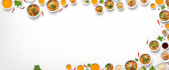 thai food buffet border pattern with vibrant bowls of rice and chili peppers on white background, menu card design